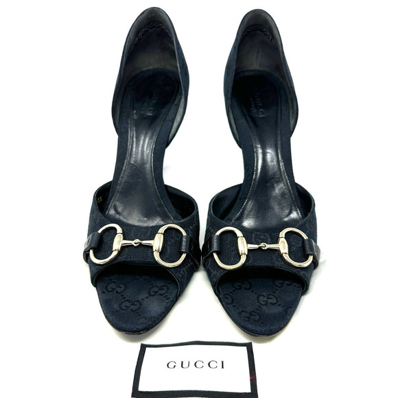 Gucci GG Logo Guccissima White Gold Horsebit D'Orsay Black Canvas Heels US 9.5 - Picture 2 of 9